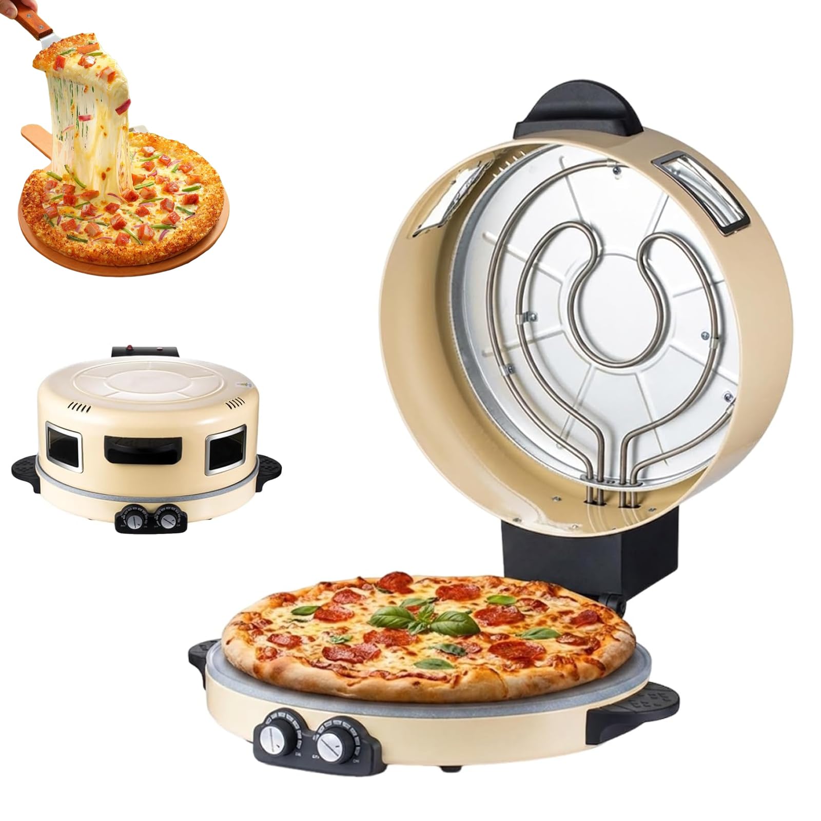 Elektryczny piekarnik do pizzy o mocy 2200 W, przenośna maszyna do robienia pizzy na blacie ze szklanym oknem, podwójnym sterowaniem ogrzewaniem i kamienną podstawą z powłoką nieprzywierającą, do pizz