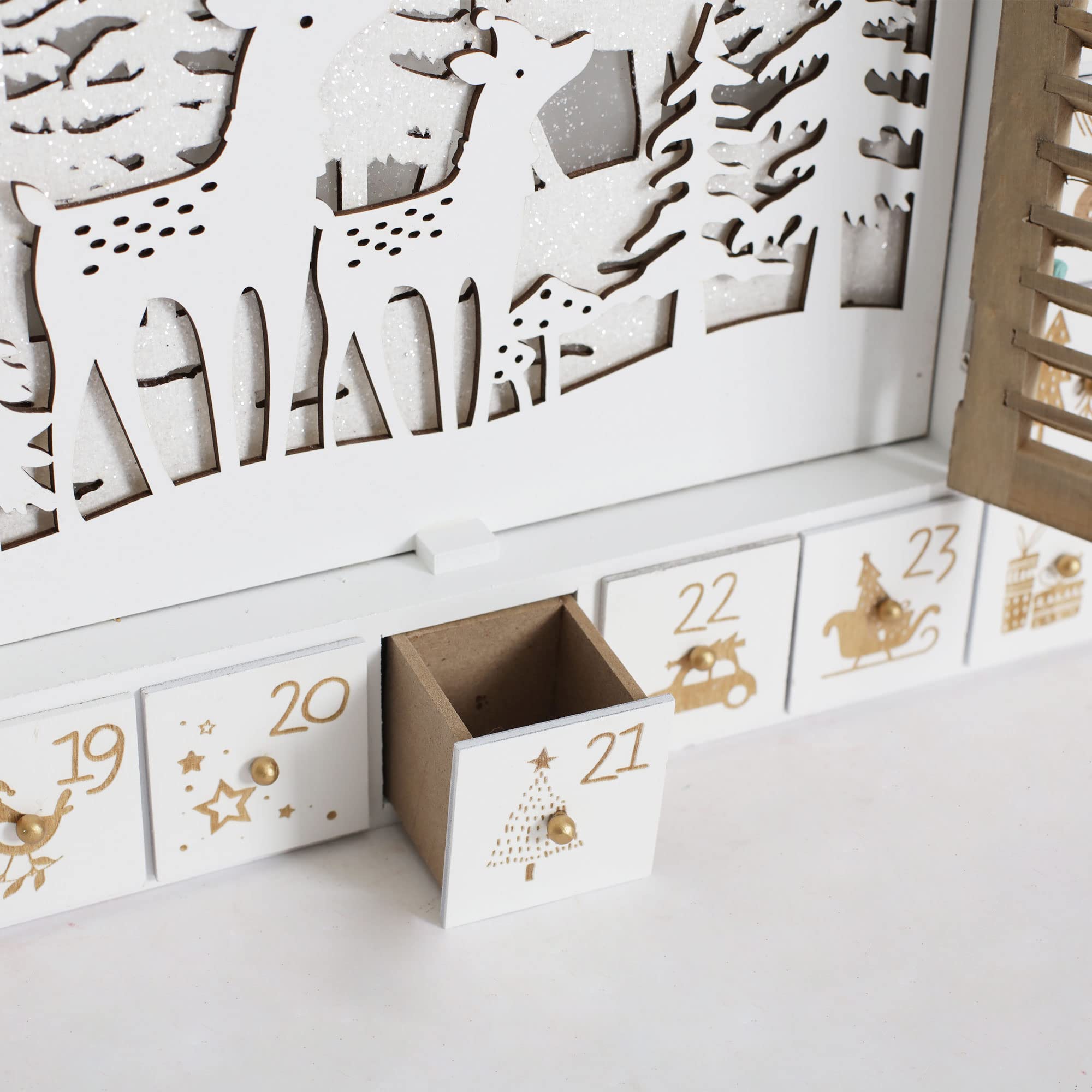 Holz Weihnachten Adventskalender Haus mit Jalousien Stil LEDs Rentier Wald Xmas Geschenke für Erwachsene