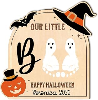DIY Our Little Boo My First Halloween Footprint Sign, Baby First Halloween Craft - DIY Baby Footprints - Baby’s First Halloween Sign Decorations (Wood Boo Orange)