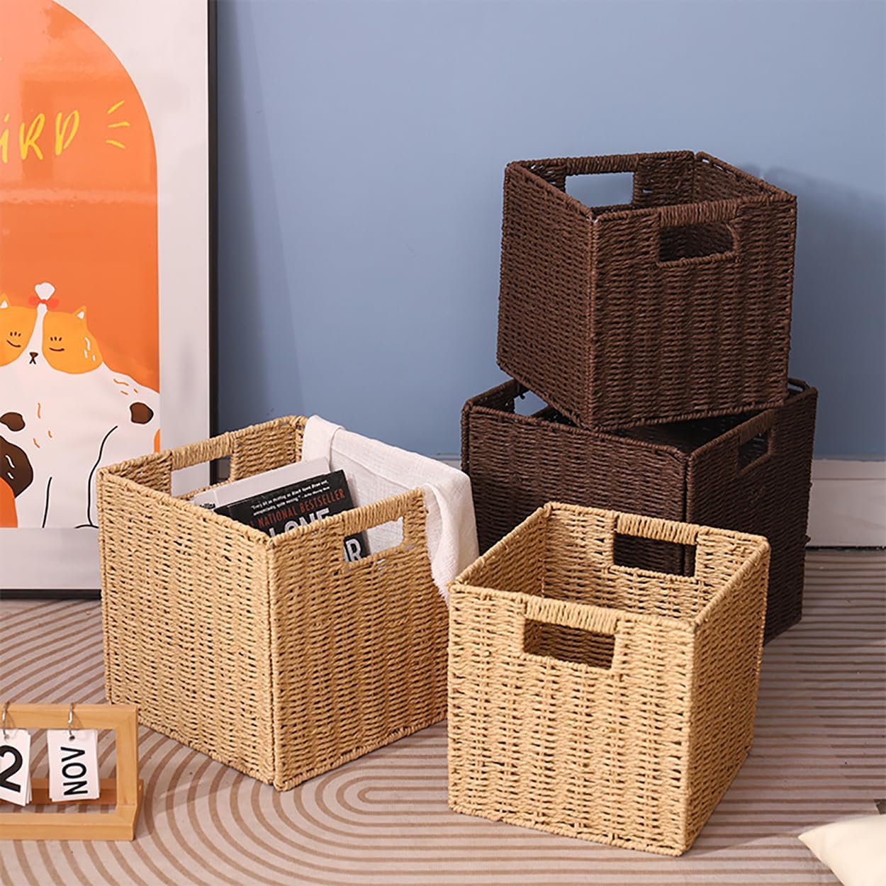 10.5x10.5in Storage Baskets 1Pcs Paper Rope Woven Baskets, Foldable Handwoven Storage Cubes, Wicker Cube Baskets Laundry Organizer Totes for Bathroom, Bedroom, Laundry, Pantry, Shelves