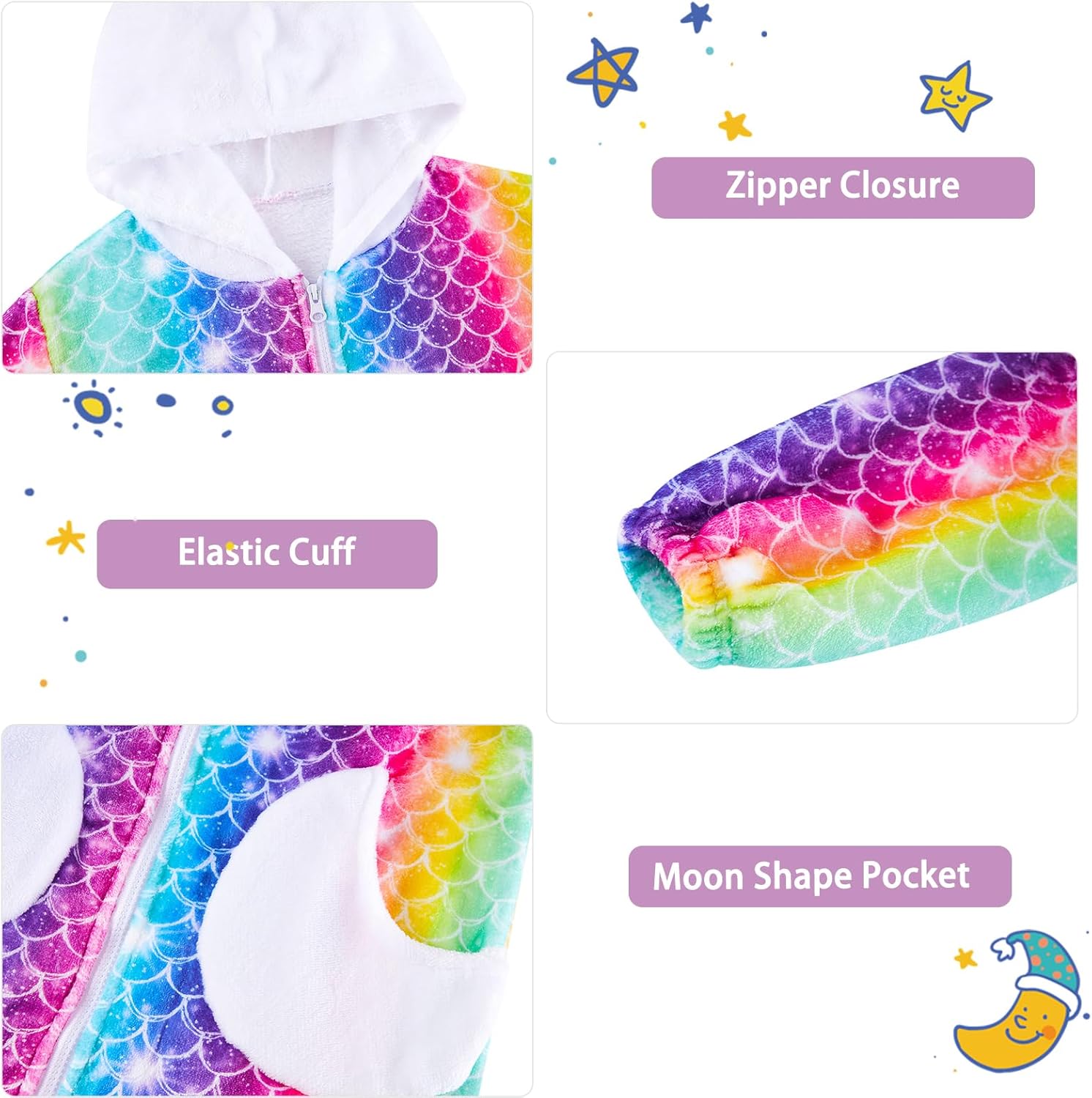 Funnycokid Girls Robe Kids Hooded Bathrobe Zip Fleece Fuzzy Soft Pajamas Plush Sleepwear 4-14 Years - Image 7