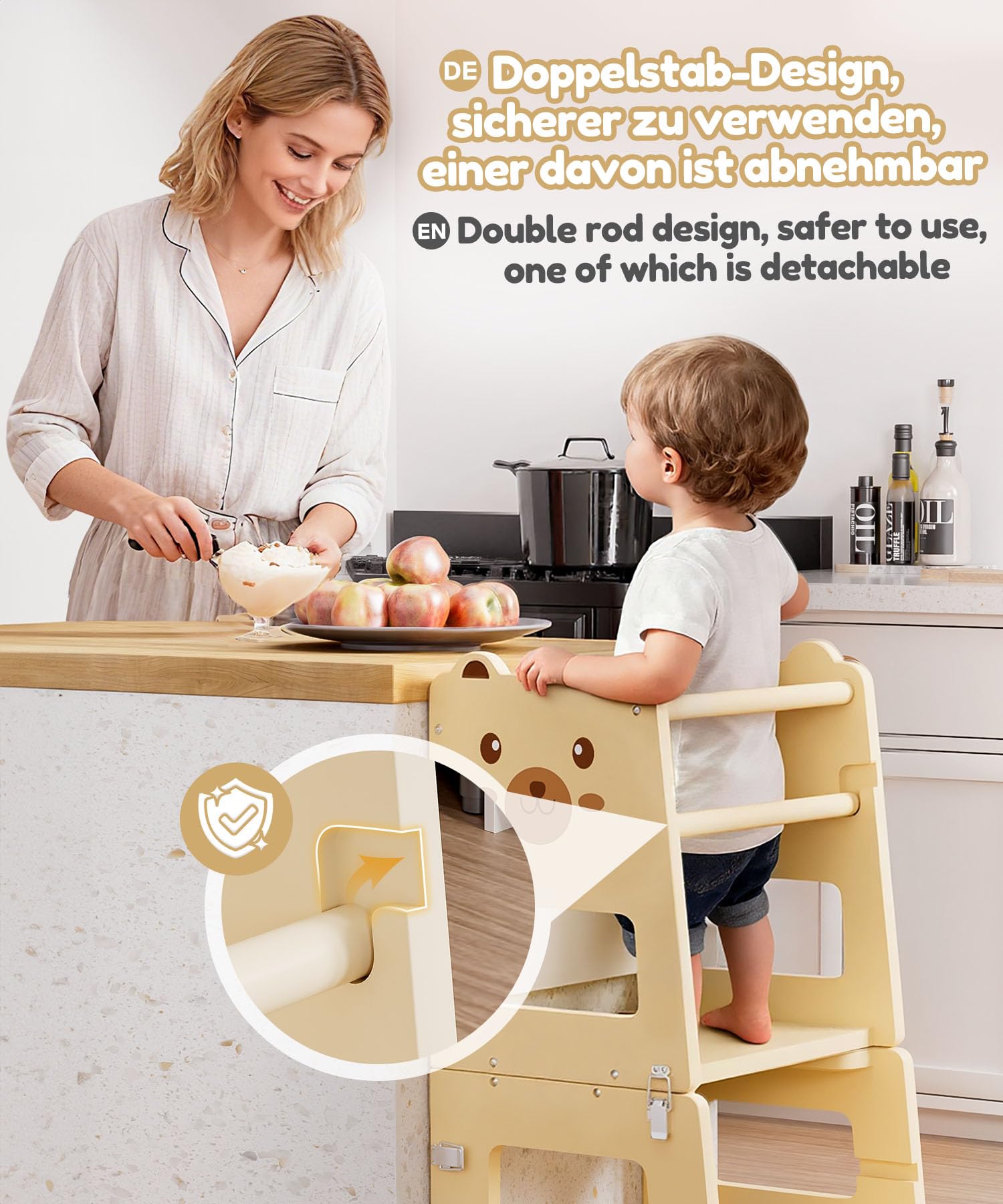 Yorbay Lernturm ab 1 Jahr Klappbar: 2 in 1 Montessori Learning Tower für Kinder mit Tafel - Tritthocker Verwandelbar in Kindertisch Lernstuhl - für Küche Bad und Kinderzimmer