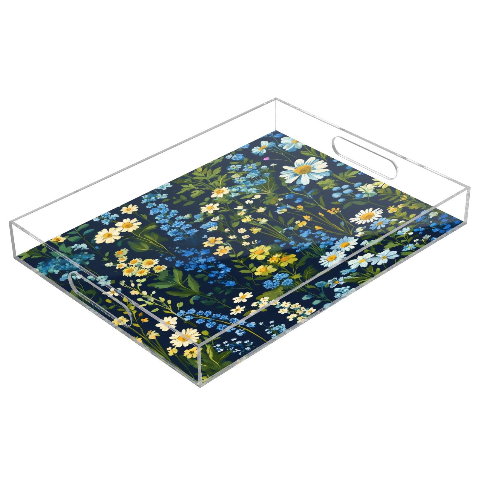 Nesatuwa Blue Green Flowers Acrylic Serving Tray with Handles,Clear Serving Tray Decorative Tray Organiser for Ottoman, Kitchen, Bedroom Decorative Tray 12x16 Inches