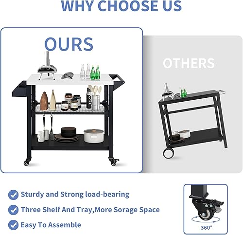 Miniatura 5 de Polar Aurora Carrito de parrilla móvil de tres estantes para exteriores, soporte para horno de pizza, mesa multifuncional de preparación de