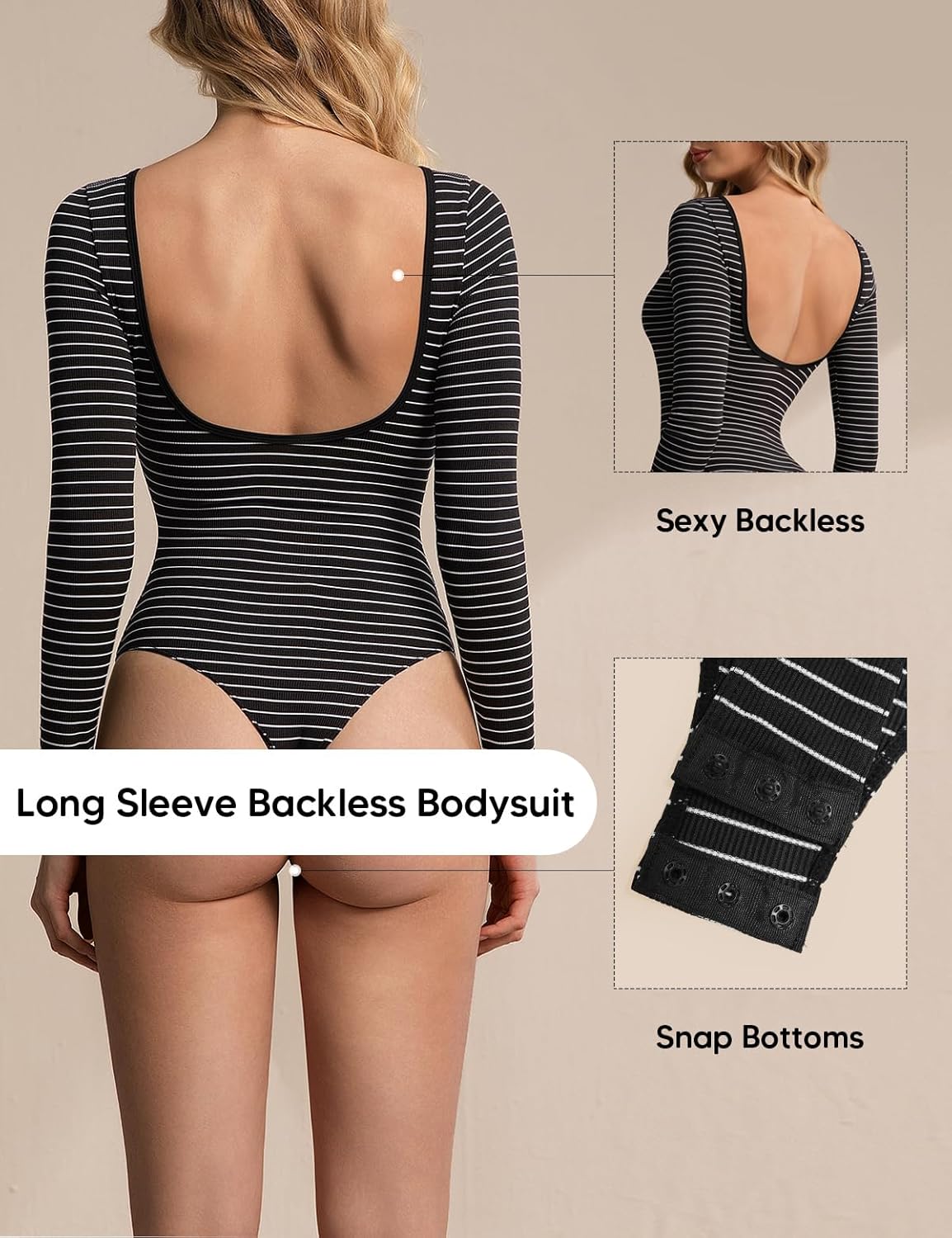 Long Sleeve Backless Black Bodysuit Stripe Tops Shirts Open Back Slim Fit Croop Neck Going Out Sexy Basic Tops - Image 3