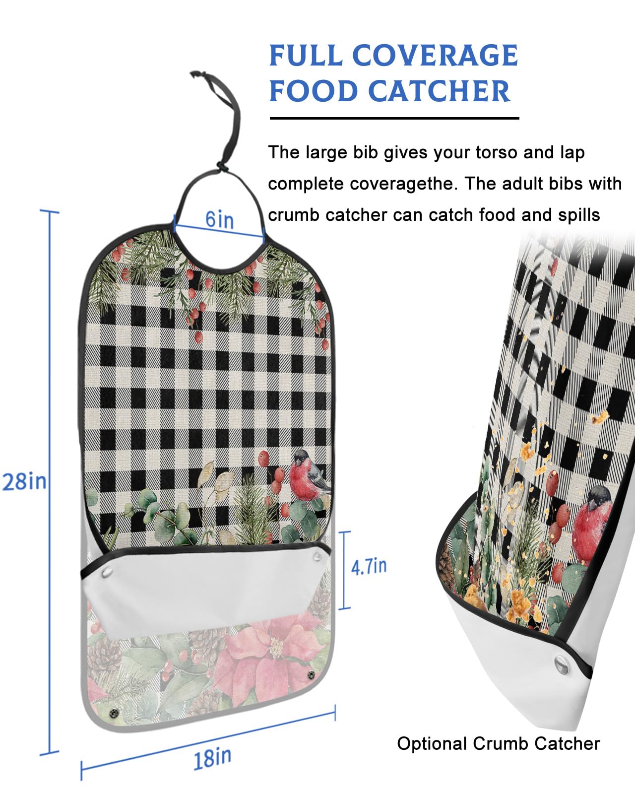 Christmas Adult Bib for Eating with Crumb Catcher,Washable & Waterproof Terry Cloth Adjustable Elderly Women Men Adult Bibs Funny Apron Clothing Protector Retro Black Plaid Christmas Poinsettia Pine