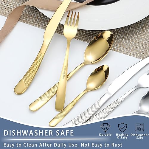 Miniatura 5 de Juego de cubiertos dorados, 24 piezas de cubiertos dorados para 6, juego de cubiertos pulidos con espejo, juego de vajilla para comer en el hogar,