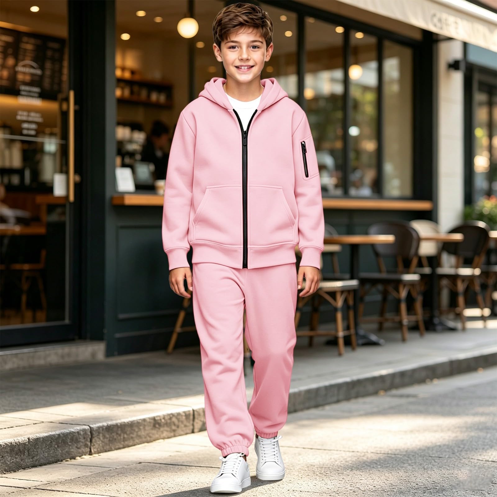 Conjunto de chándal con capucha y cremallera para niños, 2 piezas | Sudaderas con capucha y pantalones deportivos para niñas y niños, ropa deportiva informal y cómoda para uso diario