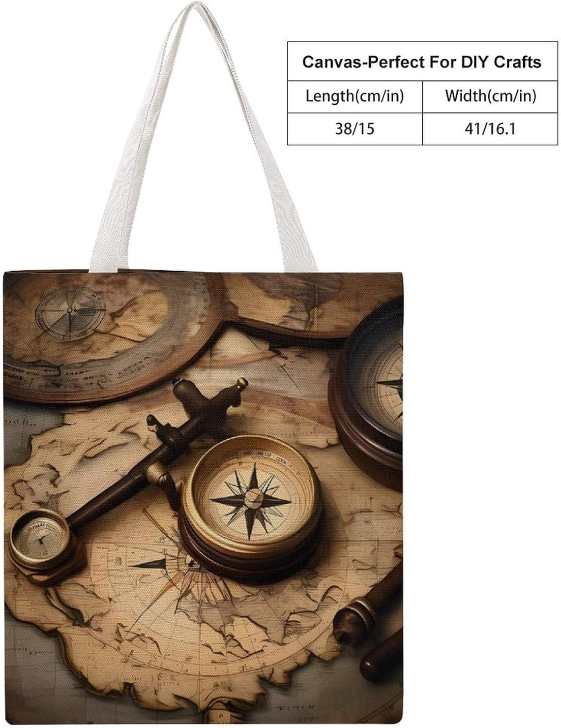 Canvas Tote Bag 16x15 In Lightweight Foldable Shoulder Hobo Purse | Compass Old World Map, Casual Tote with 10" Strap, Everyday Carryall, for Travel Work Grocery Shopping Beach Mark Gym Yoga