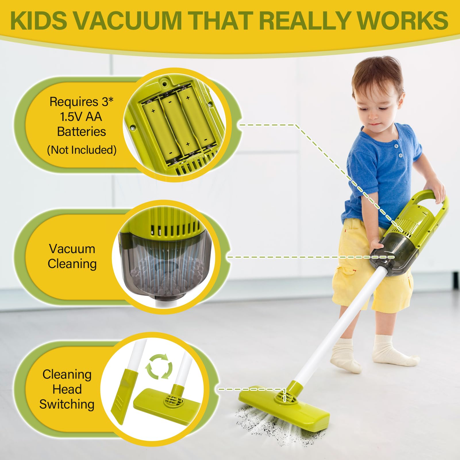 Dreamon Toddler Cleaning Set - 14Pcs Kids Cleaning Toy Set with 2-in-1 Kids Vacuum That Really Works, Pretend Home Cleaning Play Set for Toddler Age 3-7, Christmas Birthday Gift for Girls Boys