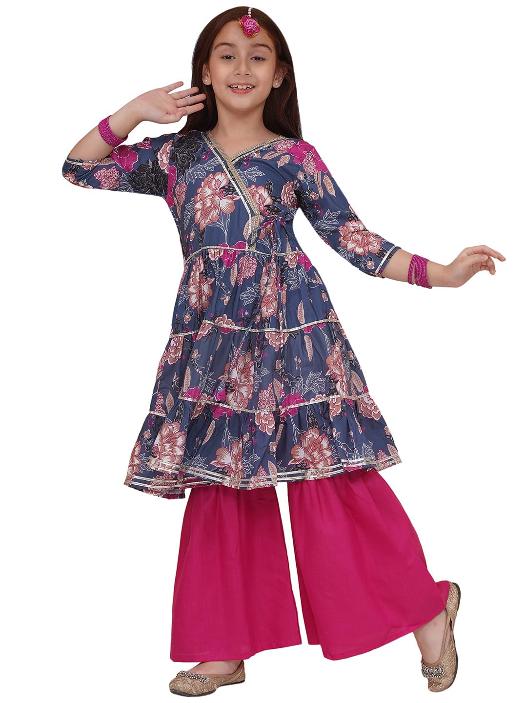 Preneum Girls's Cotton Rayon Floral Printed Angrakha Kurta With Sharara & Dupatta, Navy Blue, 13-14 Years