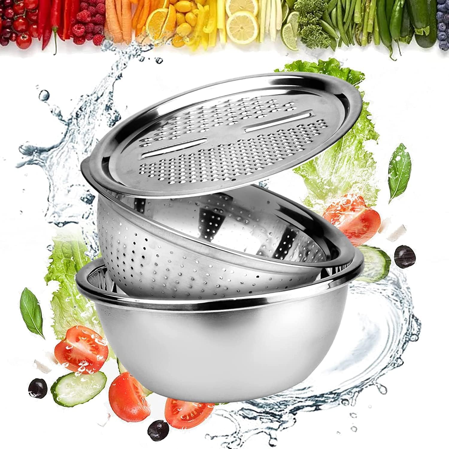 3 in 1 Stainless Steel Basin with Vegetable Chopper and Cheese Grater, Multifunctional Set Food Bowl/Colander/Vegetable Grater Mixing Bowl & Drainer, Rice Sieve Strainer (28 cm)