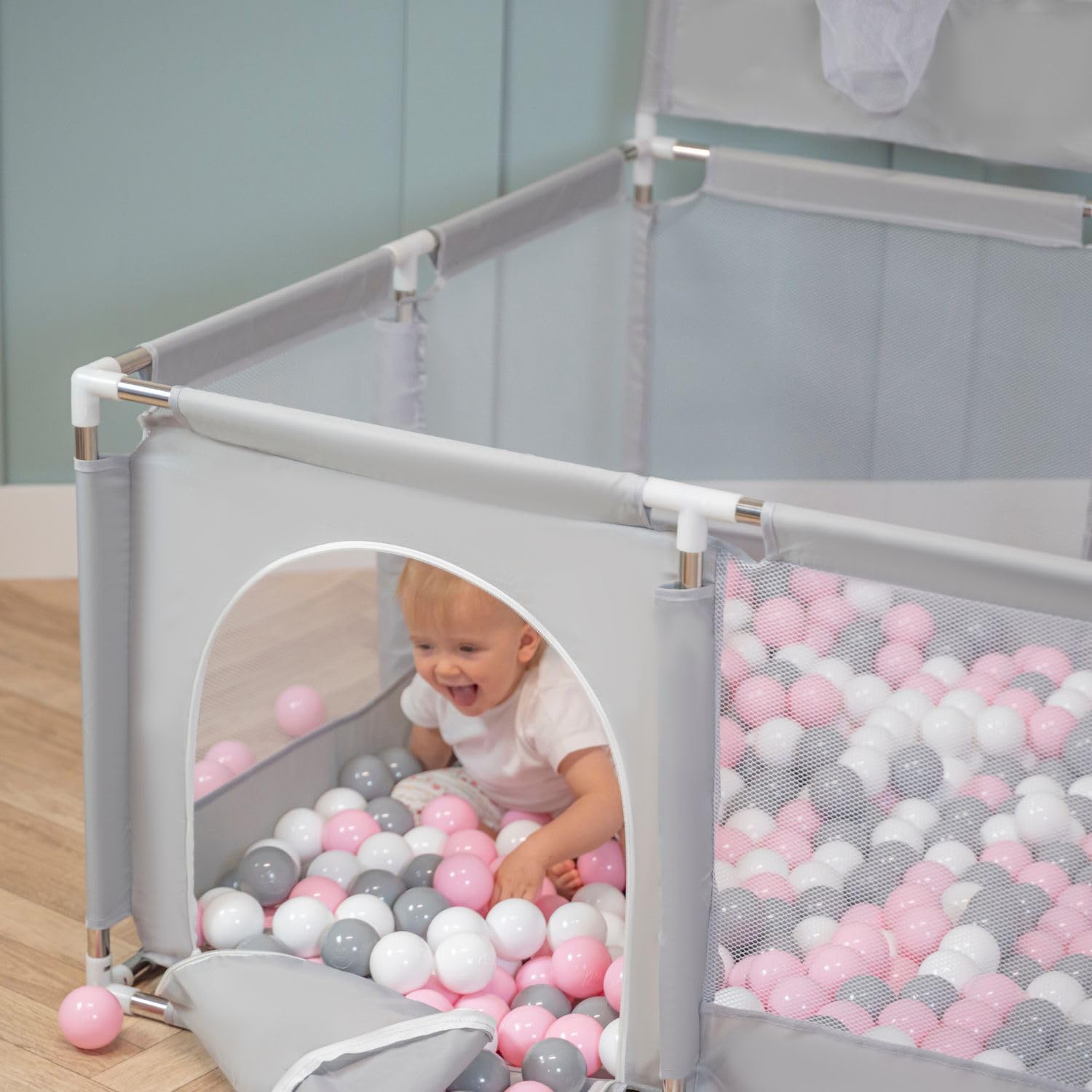 Selonis Parc Bébé Avec 100 Balles Plastiques Aire De Jeu Pliable Basket, Bleu:Bleu/Babyblue/Perle
