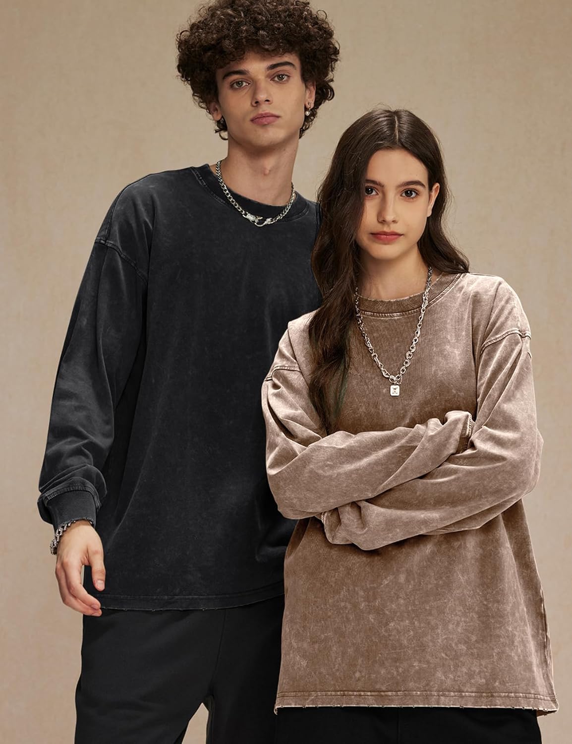 Yimoon Oversized Tshirts for Men Cotton Long Sleeve Shirts Vintage Acid Wash Baggy Tees Casual Crewneck T-Shirt - Image 3