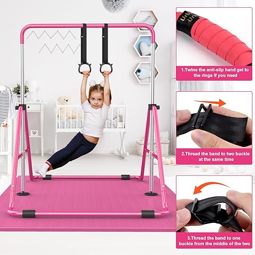 Miniatura 5 de Barras de gimnasia para niños con altura ajustable, barra de entrenamiento de gimnasia plegable, barra horizontal expandible junior para el hogar