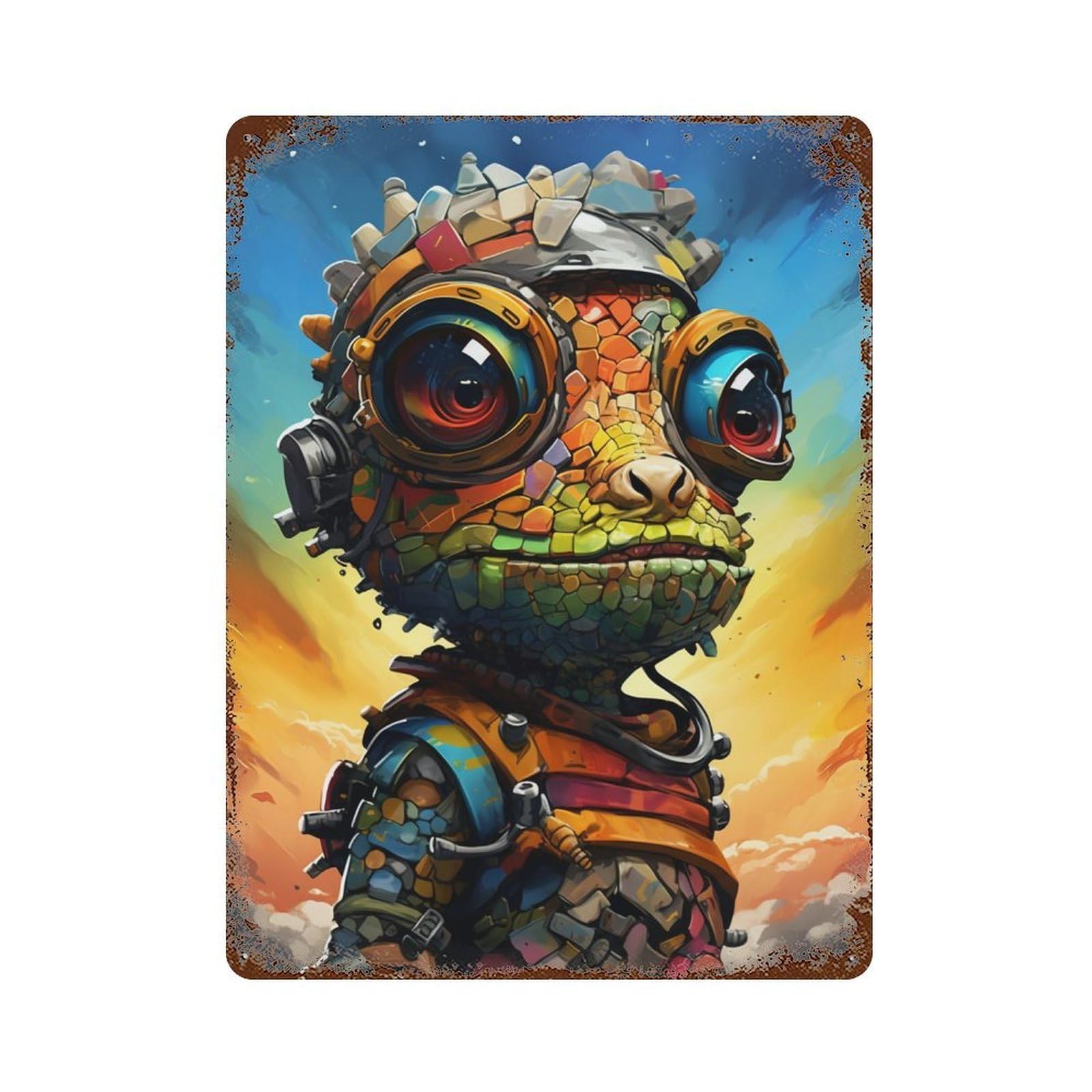 Steampunk Chameleon Art Print-1 Rust Effect Tin Sign 15.7"x11.8", Decorative Metal Wall Art for Living Room, Hallway And Home Decor