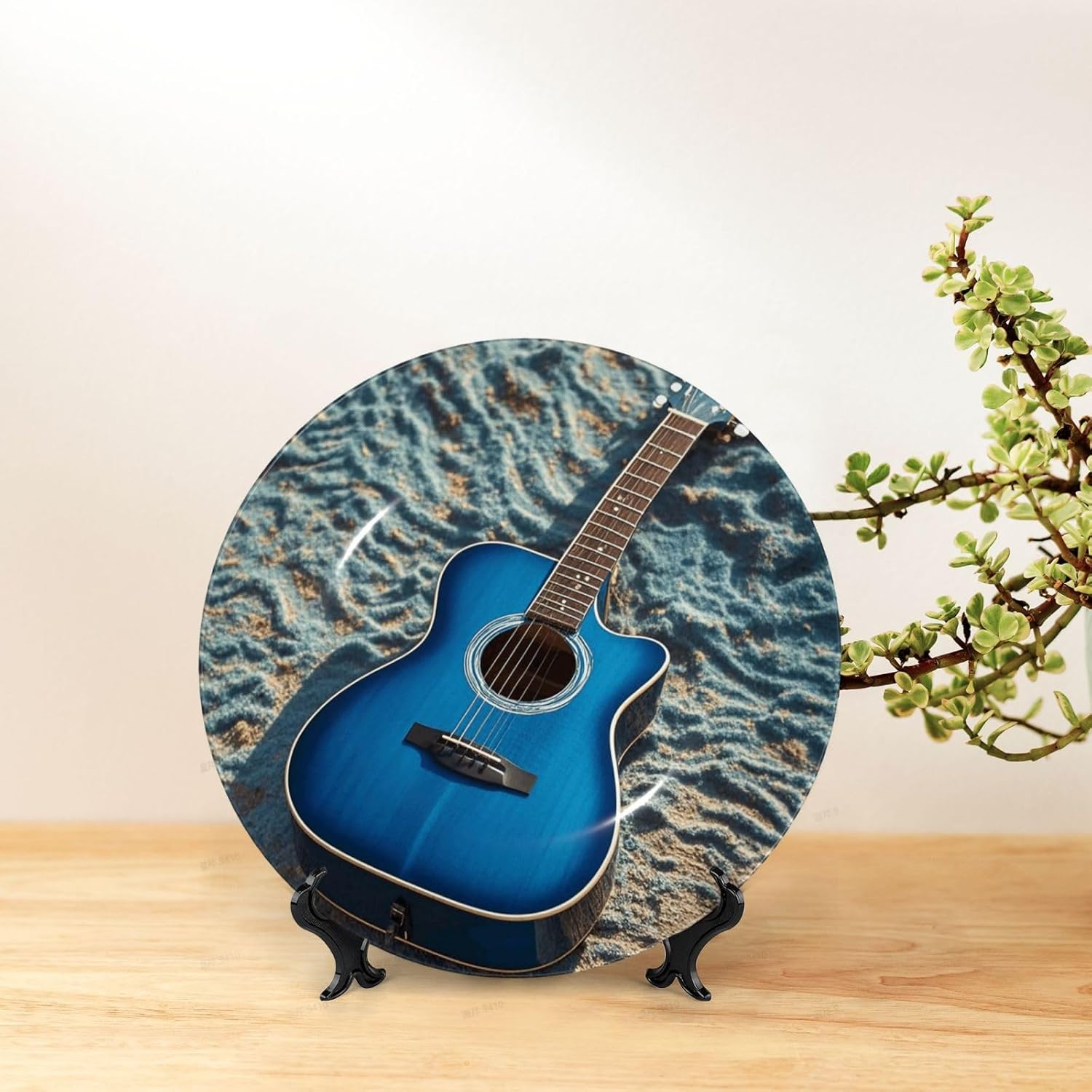 Bone China Decorative Plate with Display Blue Guitar Ceramic Plates Crafts Art Decor Dessert Plate Ceramic Ornament Porcelain Plates for Living Room Kitchen Table Home Decor