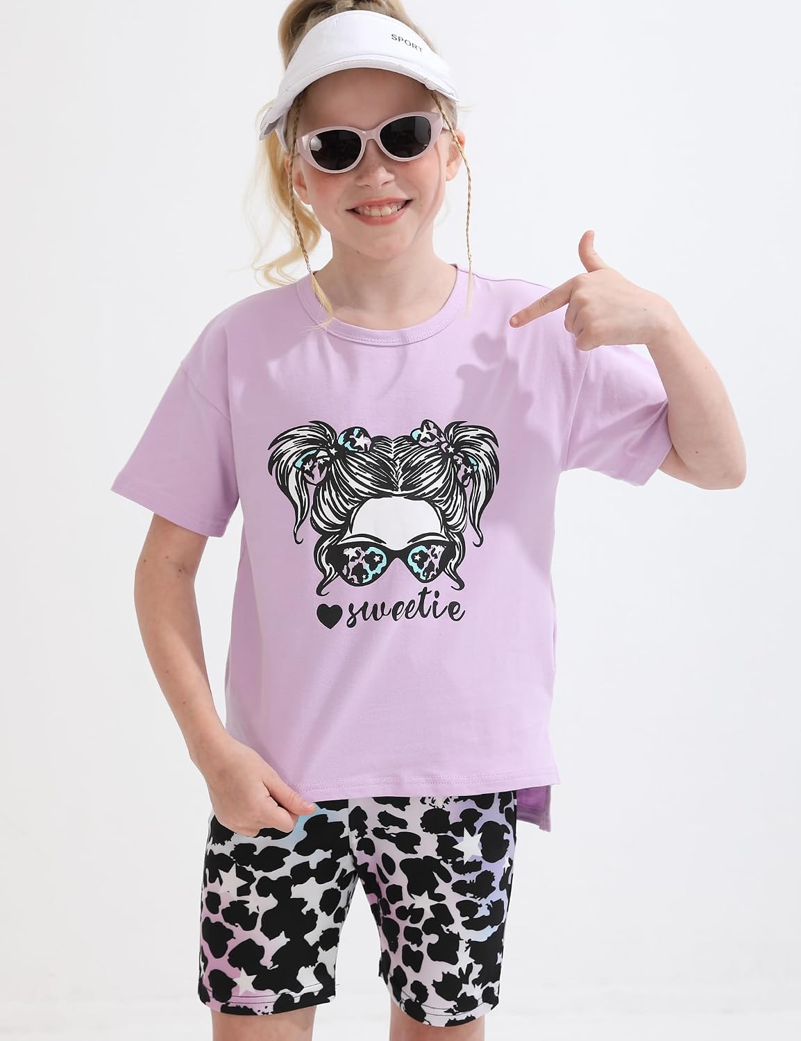 mksodopy Girls Summer Clothse Graphic Print Front and Back High and Low Irregular T-shirt Cycling Shorts Set