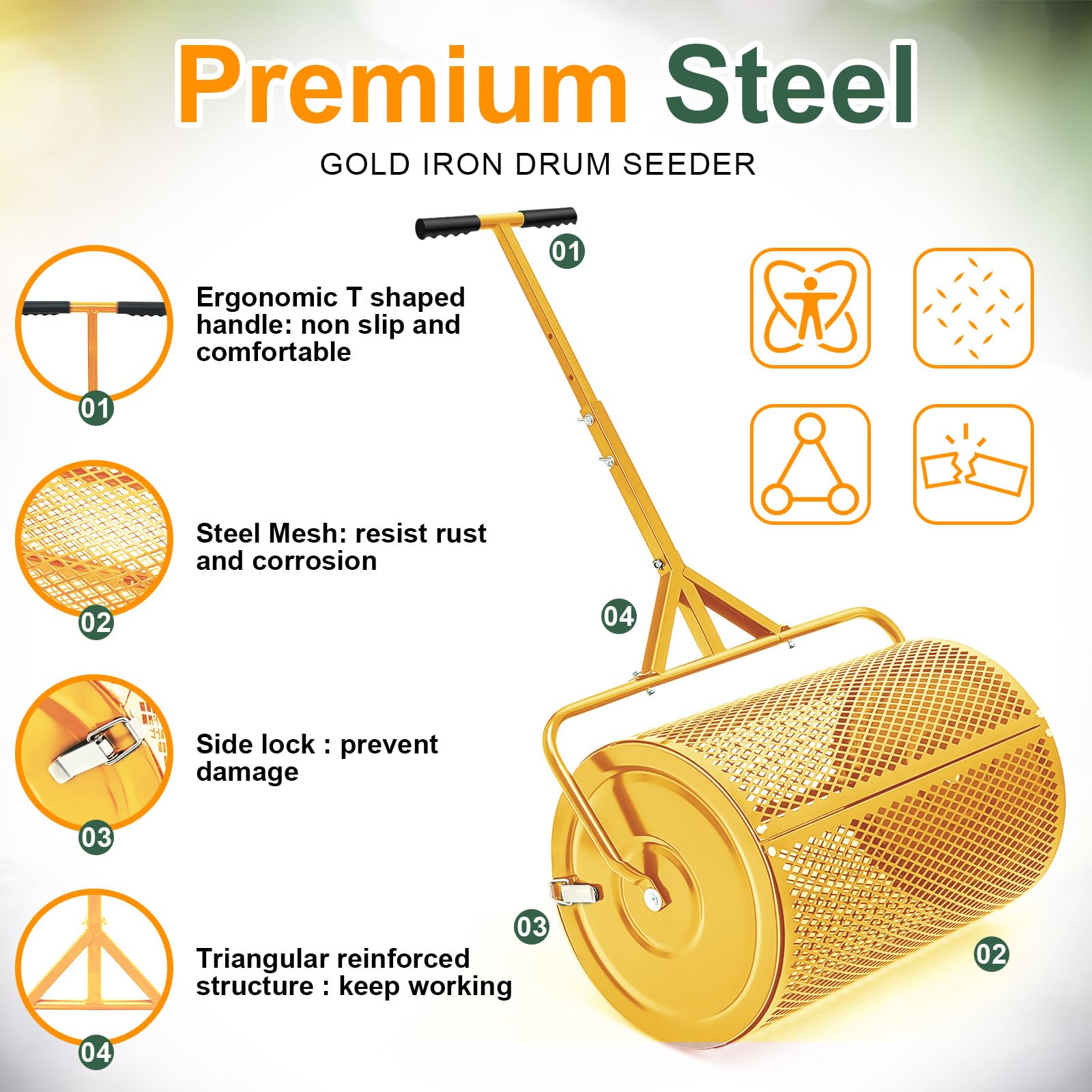 Hiboom Esparcidor de abono de turba para jardín, Tierra Superior, Tierra, esparcidor de Gotas de Semillas con Mango Ajustable en Forma de T, esparcidor de Malla de Metal Ligero para Patio (Dorado,
