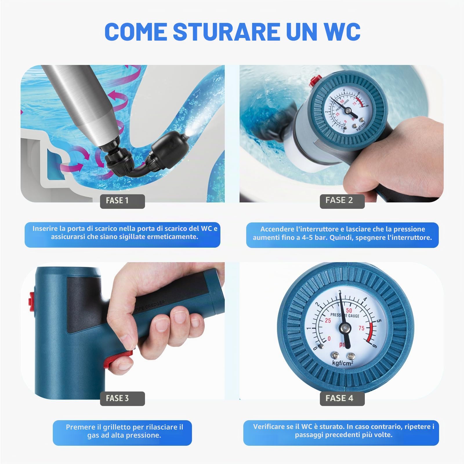 Potente sbocco per WC elettrico con testa girevole a 360°, pompa sbocchi con 3 teste sostituibili, sboccatore a pompa per sbloccare WC vasche da bagno lavelli e canalisatio