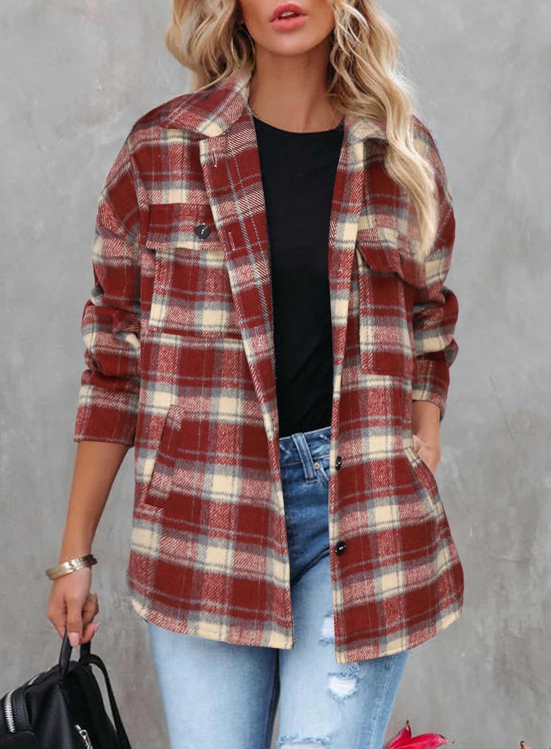Beaully Women's Flannel Plaid Shacket Fall Winter Outfits Long Sleeve Button Down Shirts Jacket Coats with Side Pockets - Image 4