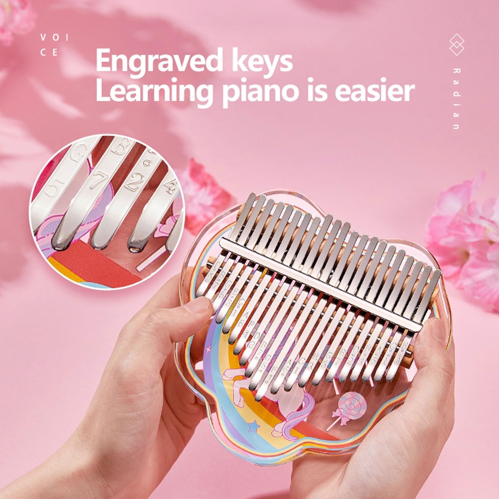 Kalimba Piano à Pouces 17, 21 Touches Piano à Doigts Avec Sac De Transport Marteau D'accordage Sakura Acrylique Cristal Instrument De Musique for Débutants(21-note - cherry blossom)