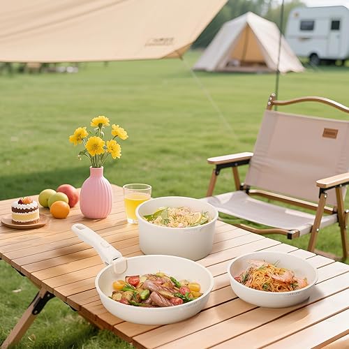 Miniatura 8 de JEETEE Juego de ollas y sartenes antiadherentes, 20 piezas, juego de utensilios de cocina con mango desmontable, juego de cocina de autocaravana,