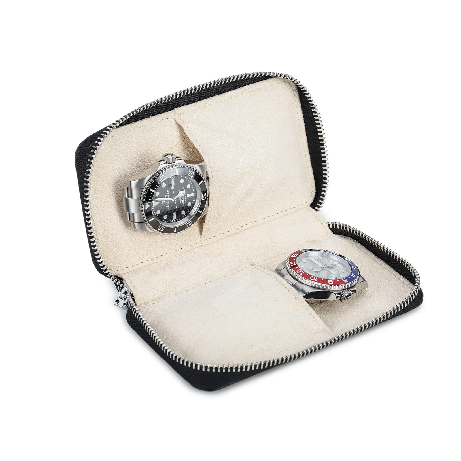 Hiram Hiram Estuche de Viaje para Reloj Caja de Almacenamiento para 2 Reloj Organizador de Reloj con Cremallera Portátil de Cuero Saffiano (negro)