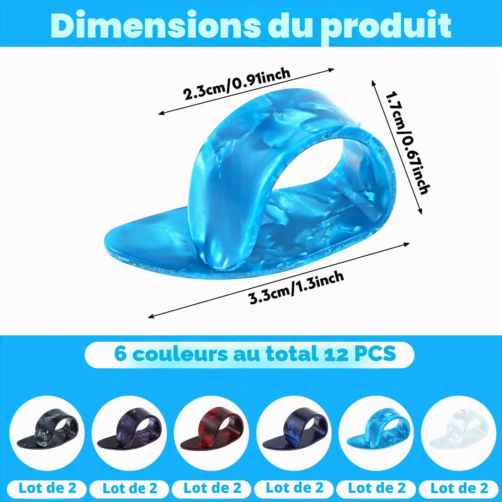 Ymapinc Lot de 12 médiators de pouce pour guitare acoustique, électrique, banjo, ukulélé, harpe, basse, doigt pour musiciens, 6 couleurs, plastique ABS durable