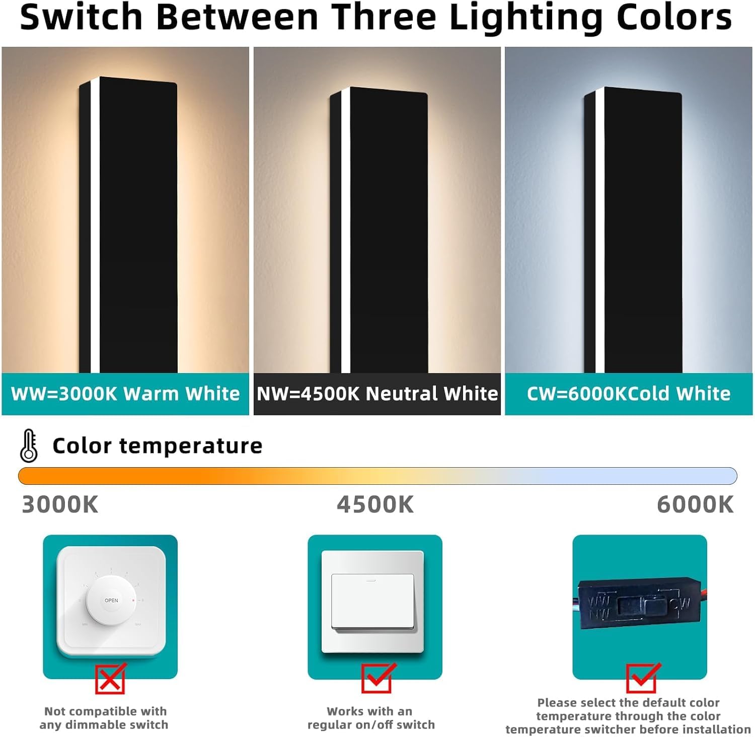 Upgrade Widened 2 Pack Outdoor Modern LED Wall Light, 47.2inch Long Black Wall Sconces, 3 Color 3000K/4500K/6000K, IP65 Waterproof, 42W, Exterior Lighting Fixture for House, Fence, Yard, Patio