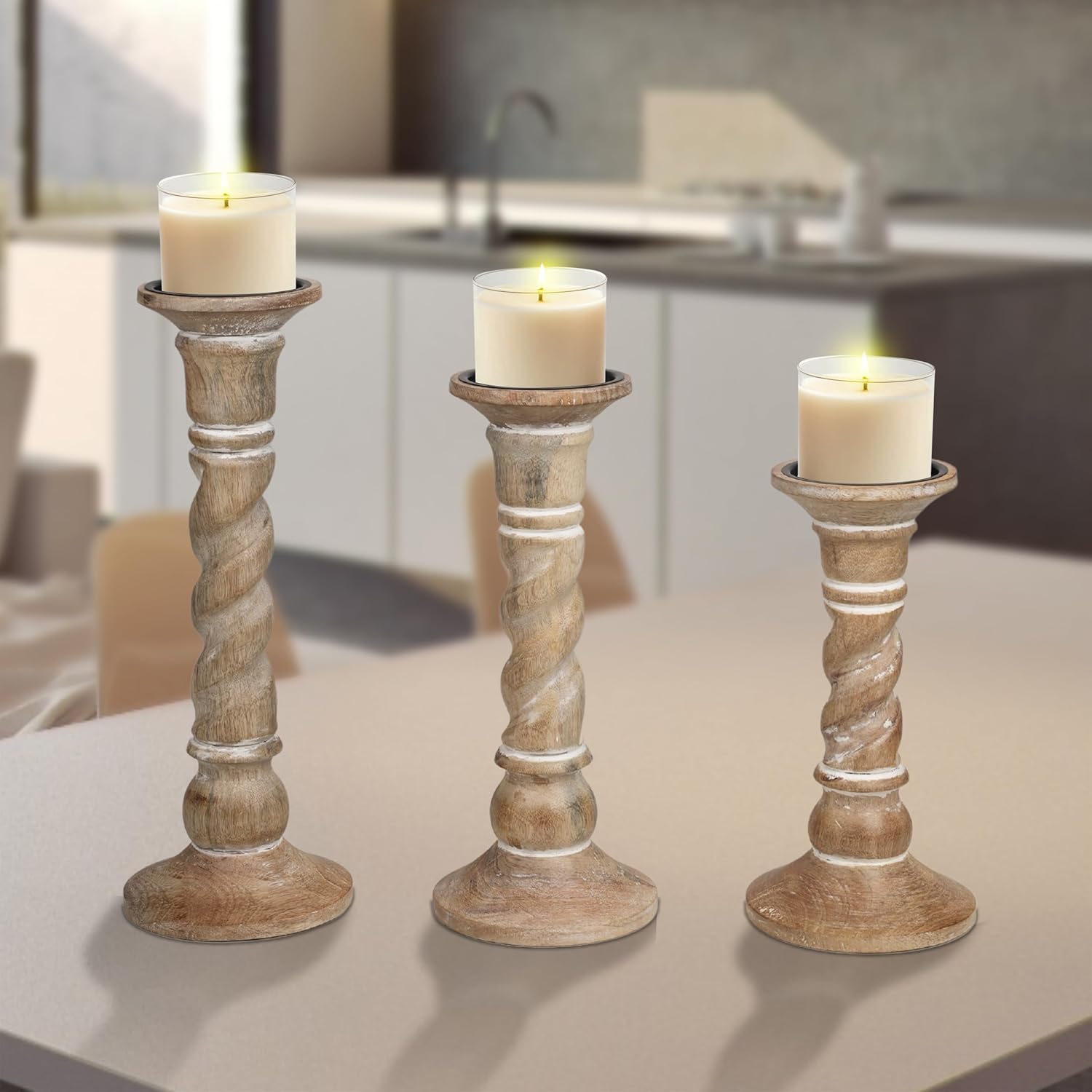 Set of 3 White Wash Farmhouse Wood Pillar Candle Holders - Handcrafted Rustic Tall Candle Holders for Home Decor, Centerpieces, Weddings, and Events - Heights: 14", 12", 10"