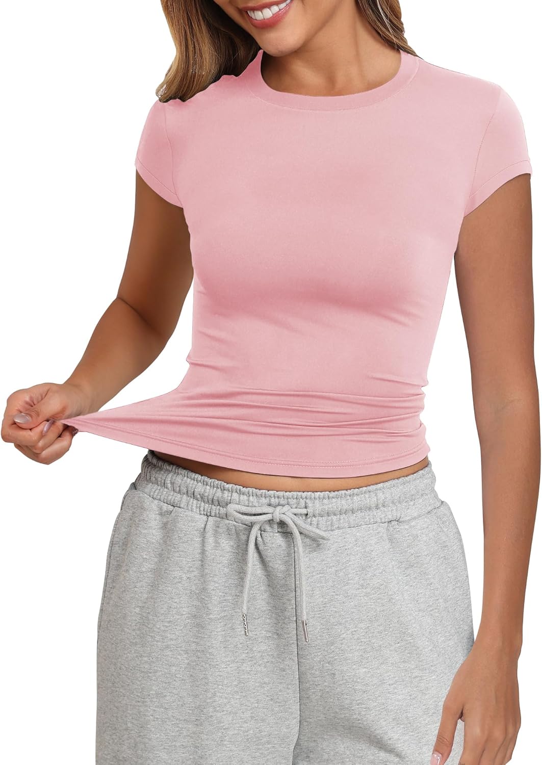 PALINDA Women's Short Sleeve Crew Neck Fitted Shirts Basic Casual Stretchy T Shirt Workout Tops