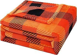 Buffalo Plaid Throw Blanket, Halloween Orange Black Checker Plaid Flannel Fleece Decorative Throw, Fluffy, Plush, Soft, Cozy, Warm Blankets (Orange Black Flannel, 59x79 inches)