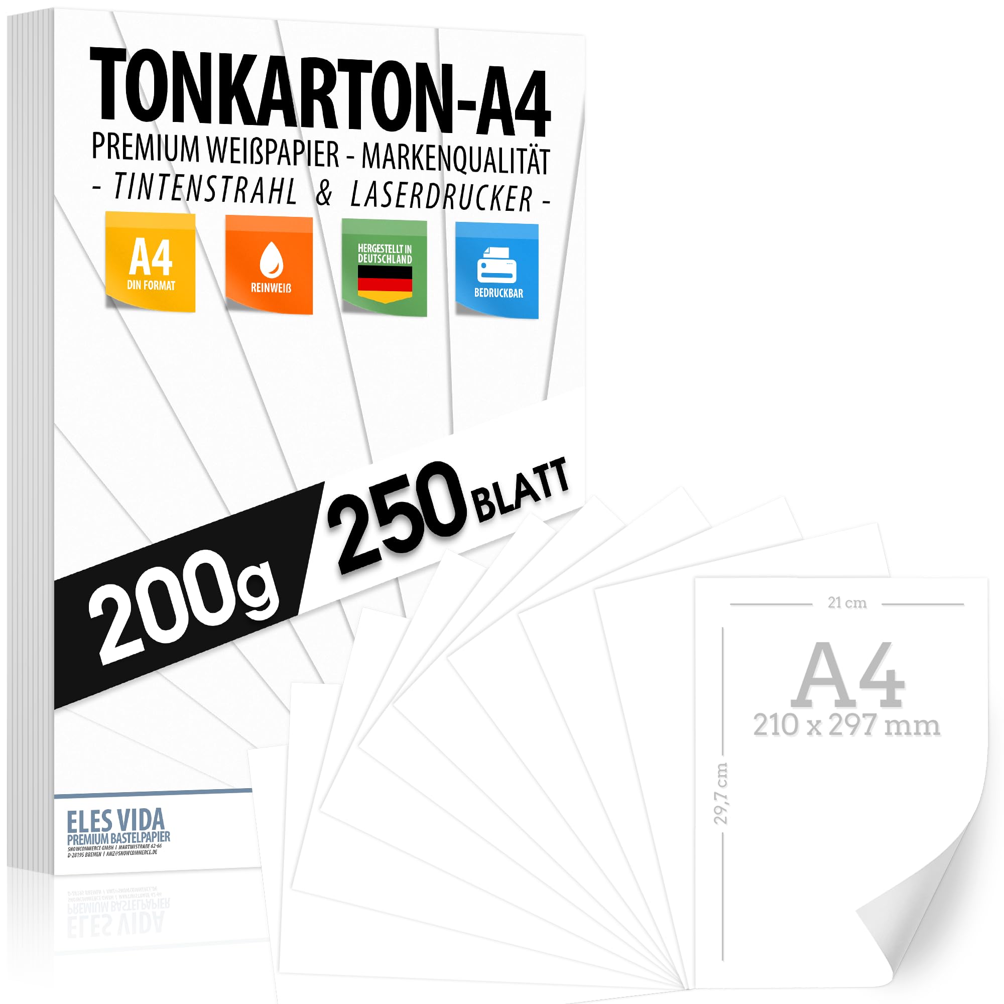 Carta da stampa 200 g/m2 A4 – 250 fogli – Carta di alta qualità bianca neve – formato DIN – fotografica bianca non stampata – fotografica opaca, lettere, cartone, presentazioni, fai da te,