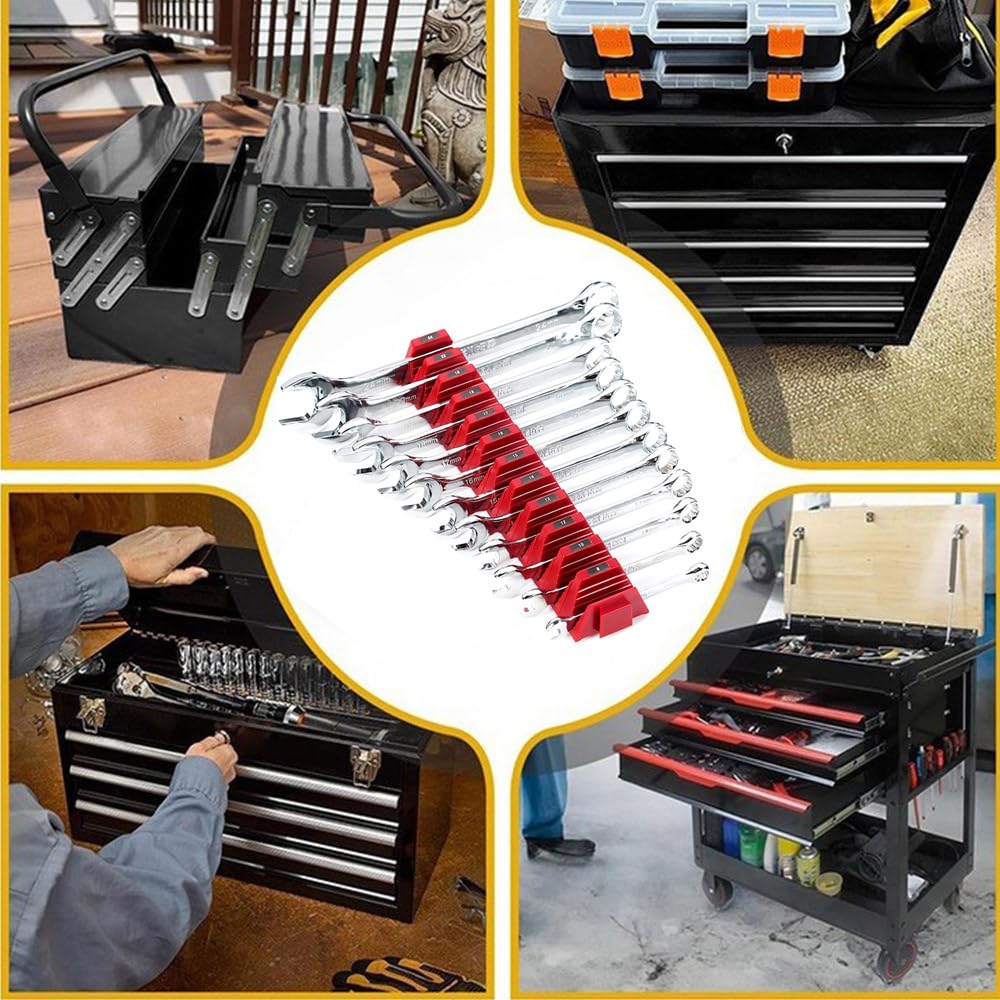 Organisateur Magnétique de Clés, Support de Clés Modulaire avec étiquettes Métriques et SAE pour L'organisation et le Rangement des Tiroirs à Outils, Rouge