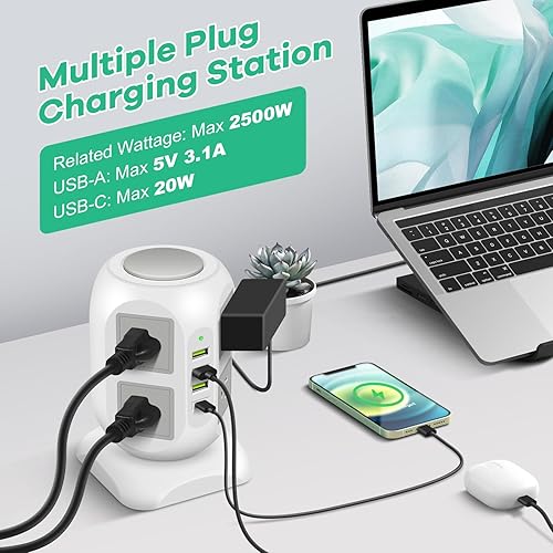 Vista 24 de Regleta de alimentación con abrazadera de escritorio con USB C (20 W PD) - Protector de sobretensiones extraíble con 4 tomas de corriente 4 puertos