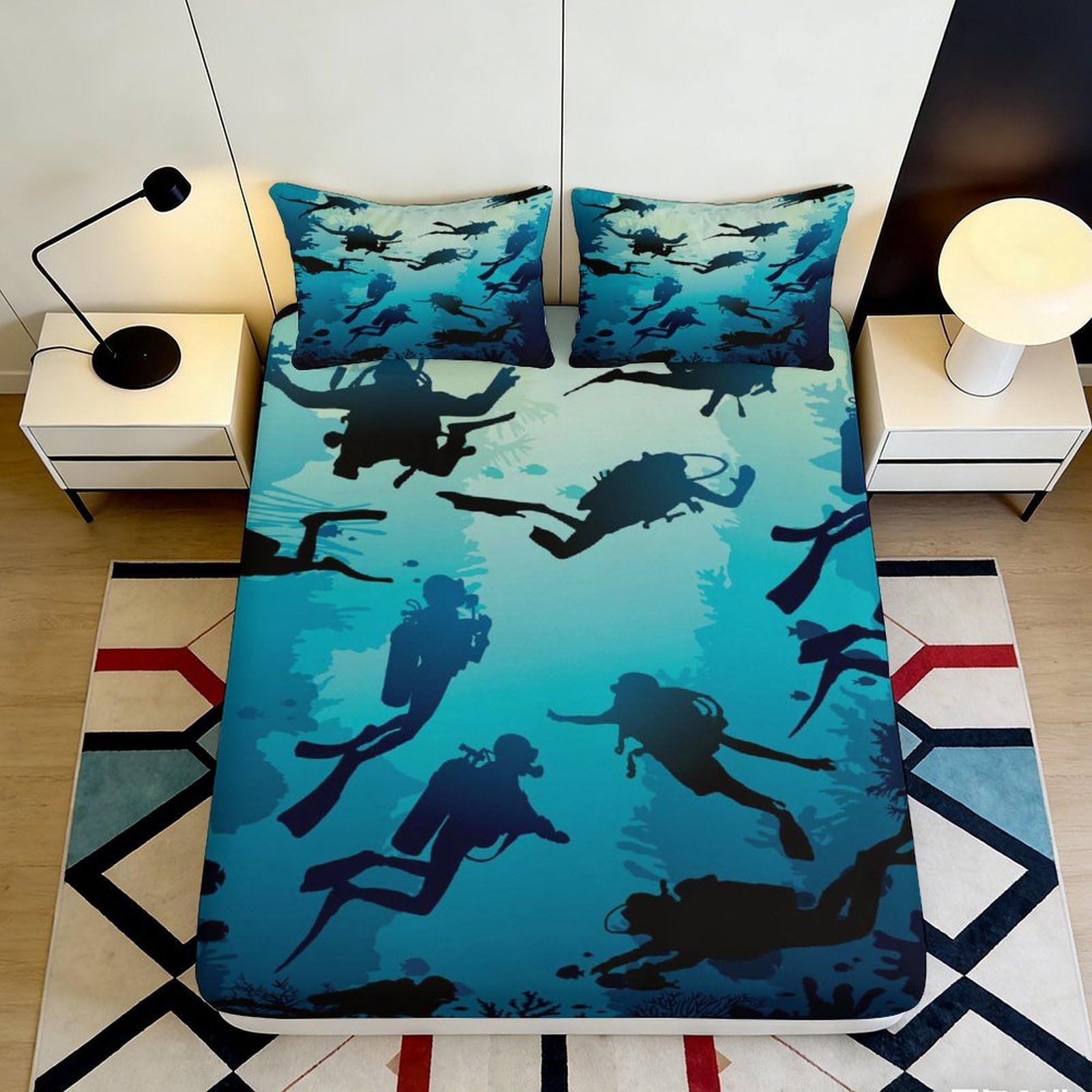 3D Printed Underwater Diver Fitted Sheet Microfiber Ocean Scuba Mattress Cover Bedroom Home Decor Easy Care 90x200x25cm