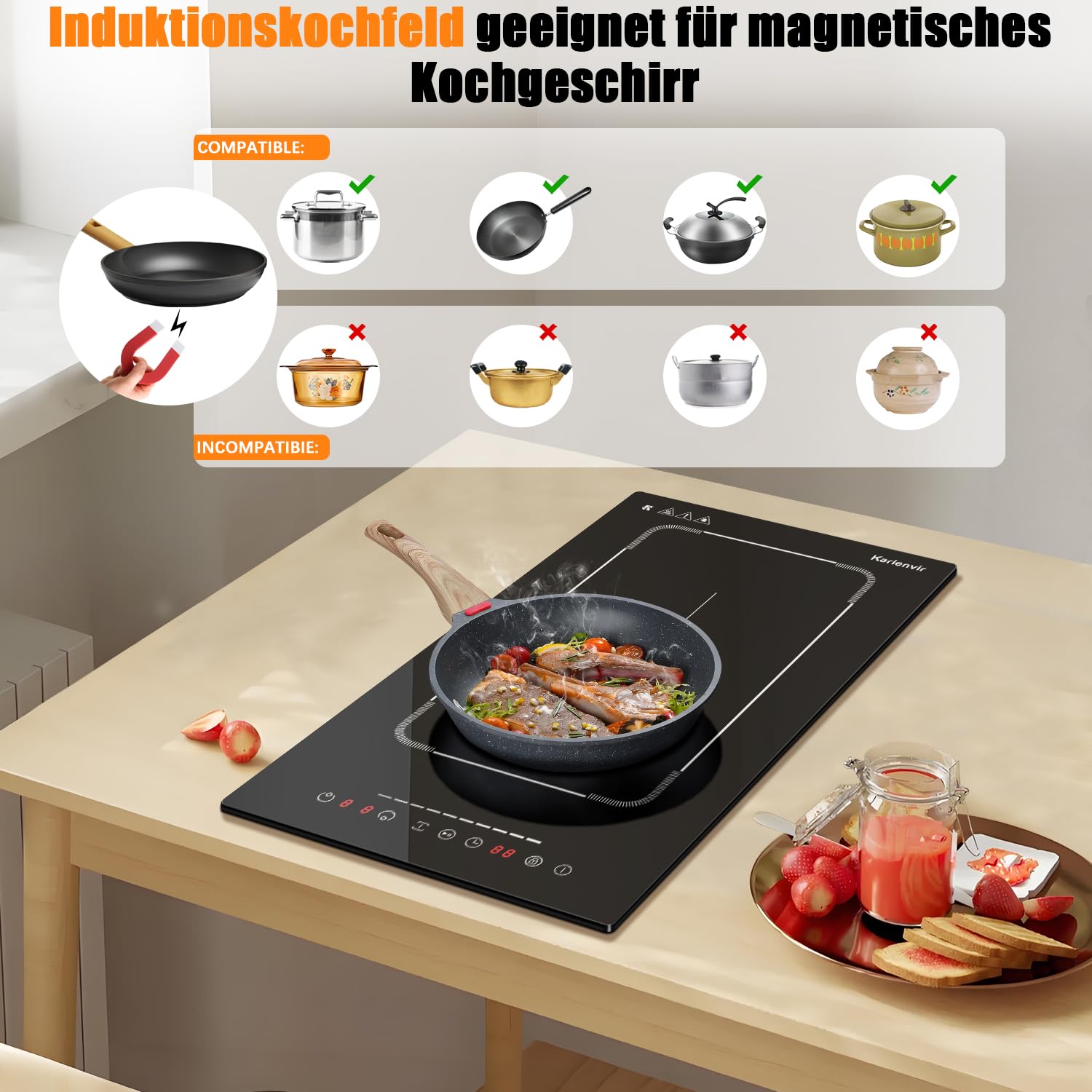 Karienvir Piano cottura a induzione 2 piastre 30 cm con spina, piano cottura a induzione integrato e piano di lavoro, cursore a induzione, regione di espansione, timer, blocco di sicurezza, pausa,
