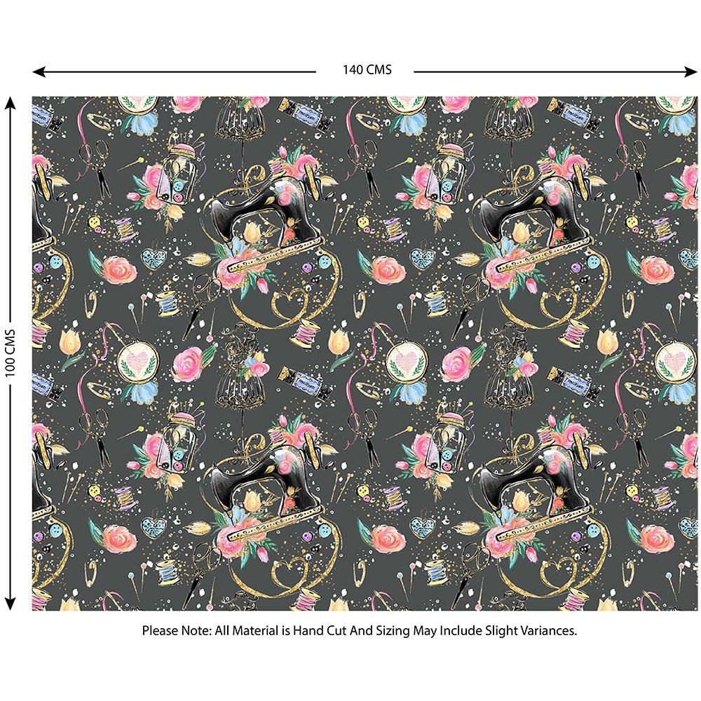 TRIXES Cotton Fabric, Grey Floral Sewing Machine Design, Embroidery Fabric, for Textile Crafts, Dressmaking, Patchwork - Image 2