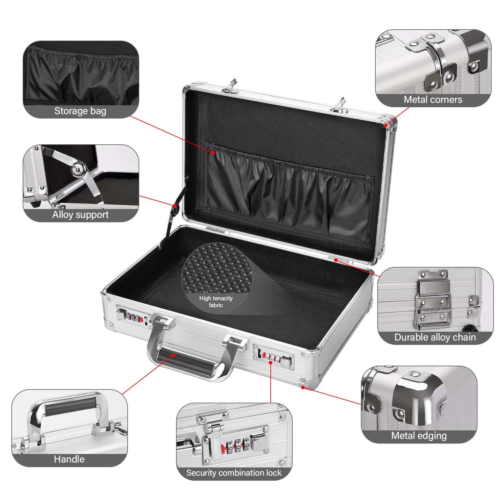 LOCKCURX Contenitore organizer per documenti, 36 x 24 x 11,4 cm, con chiusura a doppia combinazione per contanti, documenti e oggetti di valore, argento
