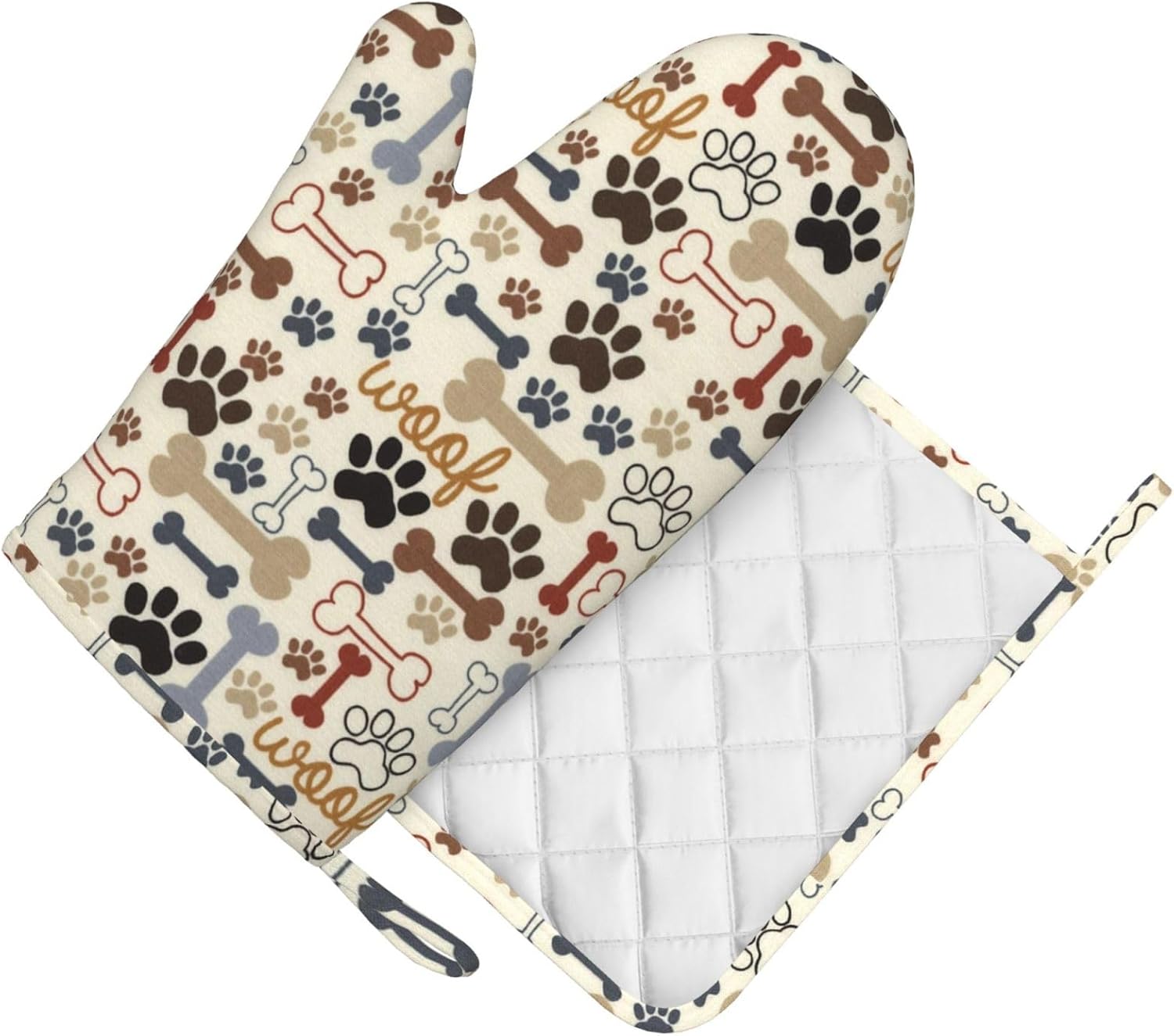 Dog Bone Paw Print Fun Oven Mitts and Pot Holders Set of 2 Silicone Heat Resistant Oven Mitten Potholders Non Slip Gloves Kitchen Decor for BBQ Cooking Grilling Baking - Image 3