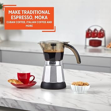 IMUSA 6 or 3 Cup Electric Espresso Maker with Cool-touch Handle, Silver | Cool-Touch Handle, Visual Brewing Indicator, Brown Tinted Carafe, Ideal for Home, Office, Travel, And Small Gatherings