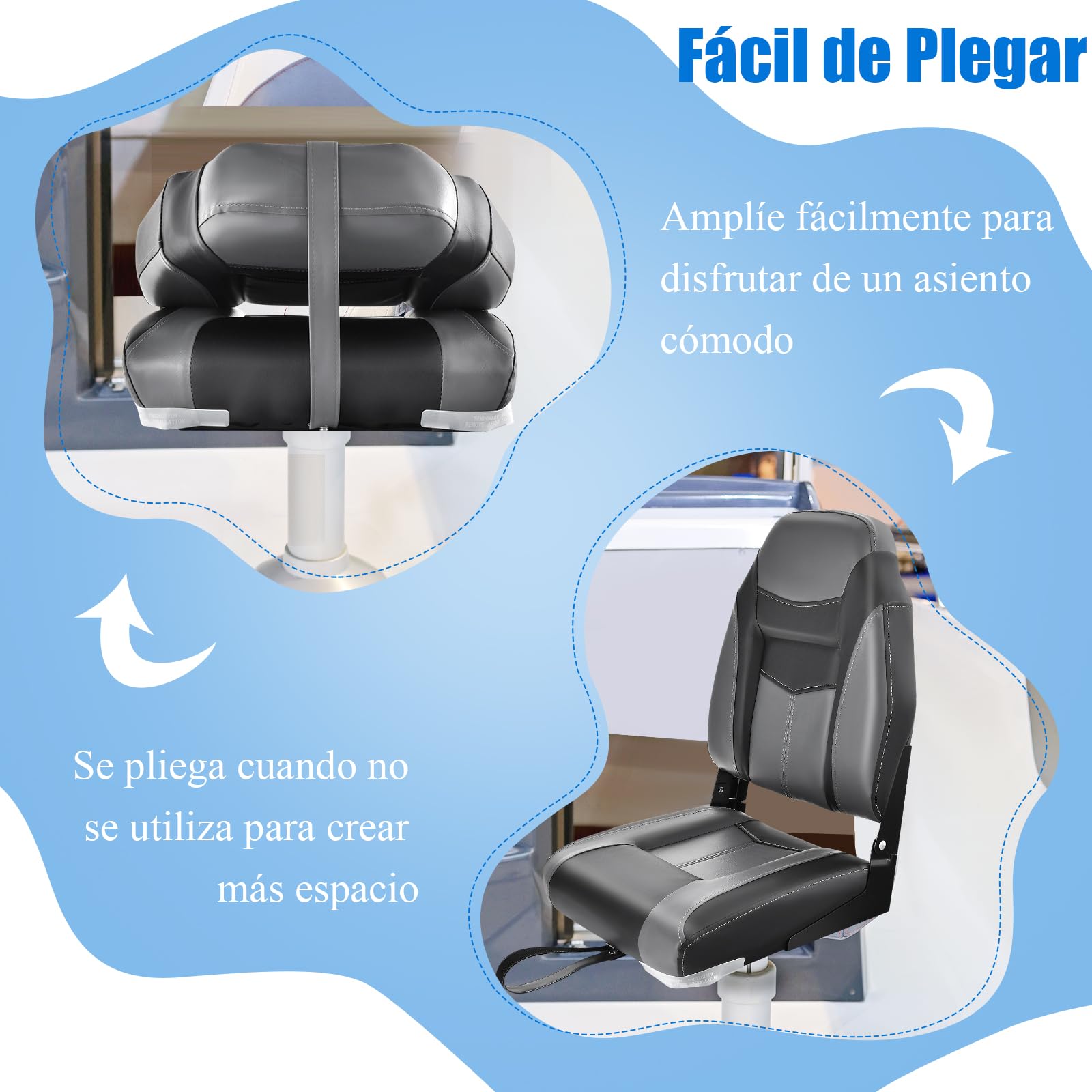 GOPLUS Juego de 2 Asientos de Barco 1PC Asiento de Pesca Plegable con Cojín Acolchado Suave y Costuras Reforzadas, Diseño Ergonómico 115KG de Capacidad para la Pesca en Yate (Negro)
