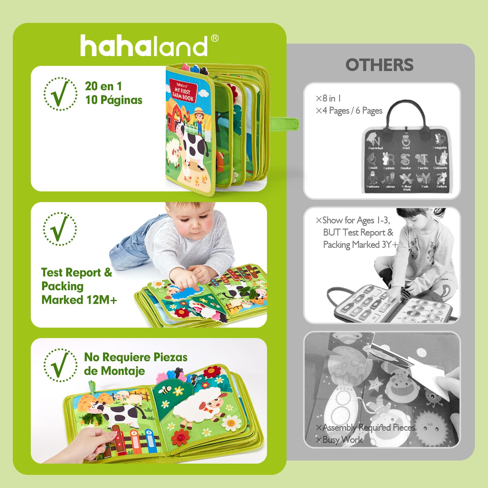 hahaland Libro Montessori 1 año - 20 en 1 Busy Board de Actividad, Libro Interactivo Juguetes Montessori para Niños 1 2 3 años - 10 Páginas Animales Granja