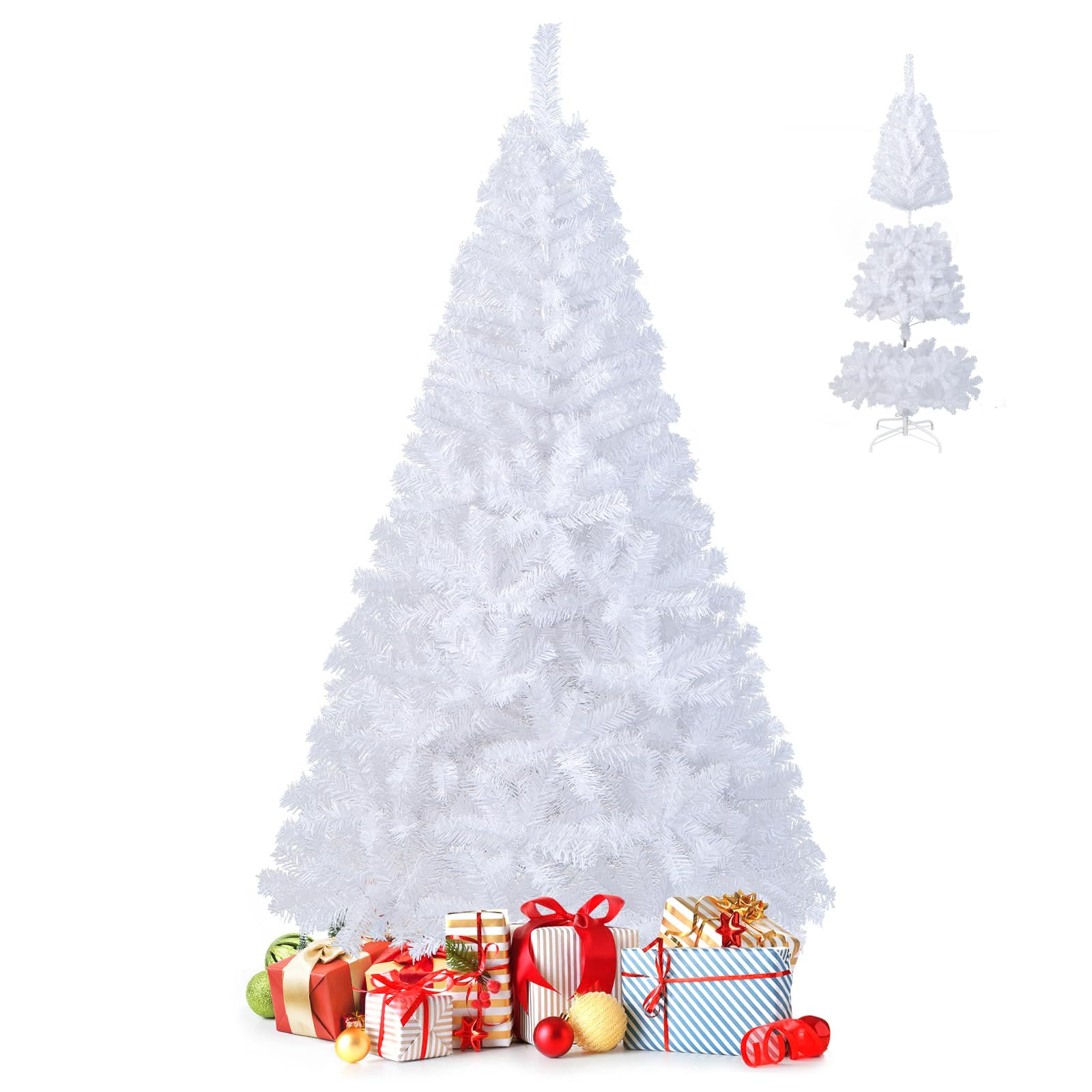 GOPLUS Sapin de Noël Artificiel Blanc 180 cm, Arbre de Nöel avec 650 Branches, Socle en Fer, Feuilles en PVC, Décoration de Noël, Idéal pour Suspendre Guirlande de Lumières et Etoile, 4 Tailles
