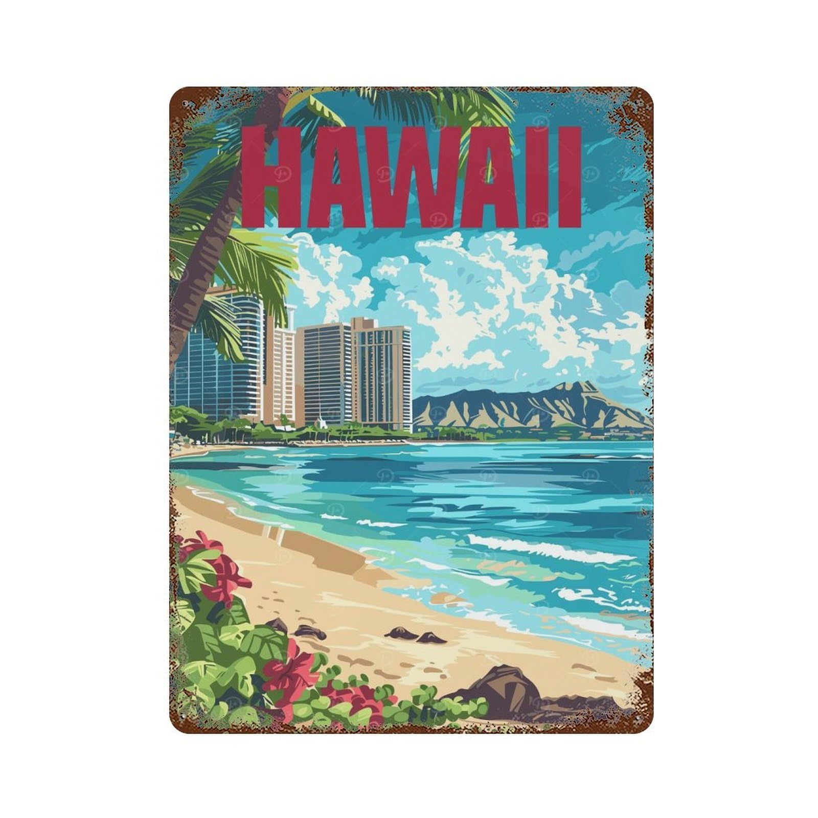 Hawaii Beach Rust Effect Tin Sign 15.7"x11.8", Industrial Home Decor for Bistro, Counter And Cafe Decor