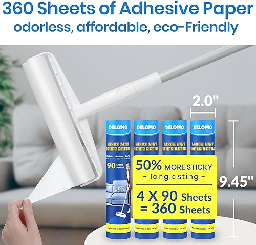 Miniatura 4 de Rodillo de pelusa grande  Rodillo gigante de pelusa de 9.45 pulgadas, 360 hojas en total, poste telescópico de 45 pulgadas para limpiar sin