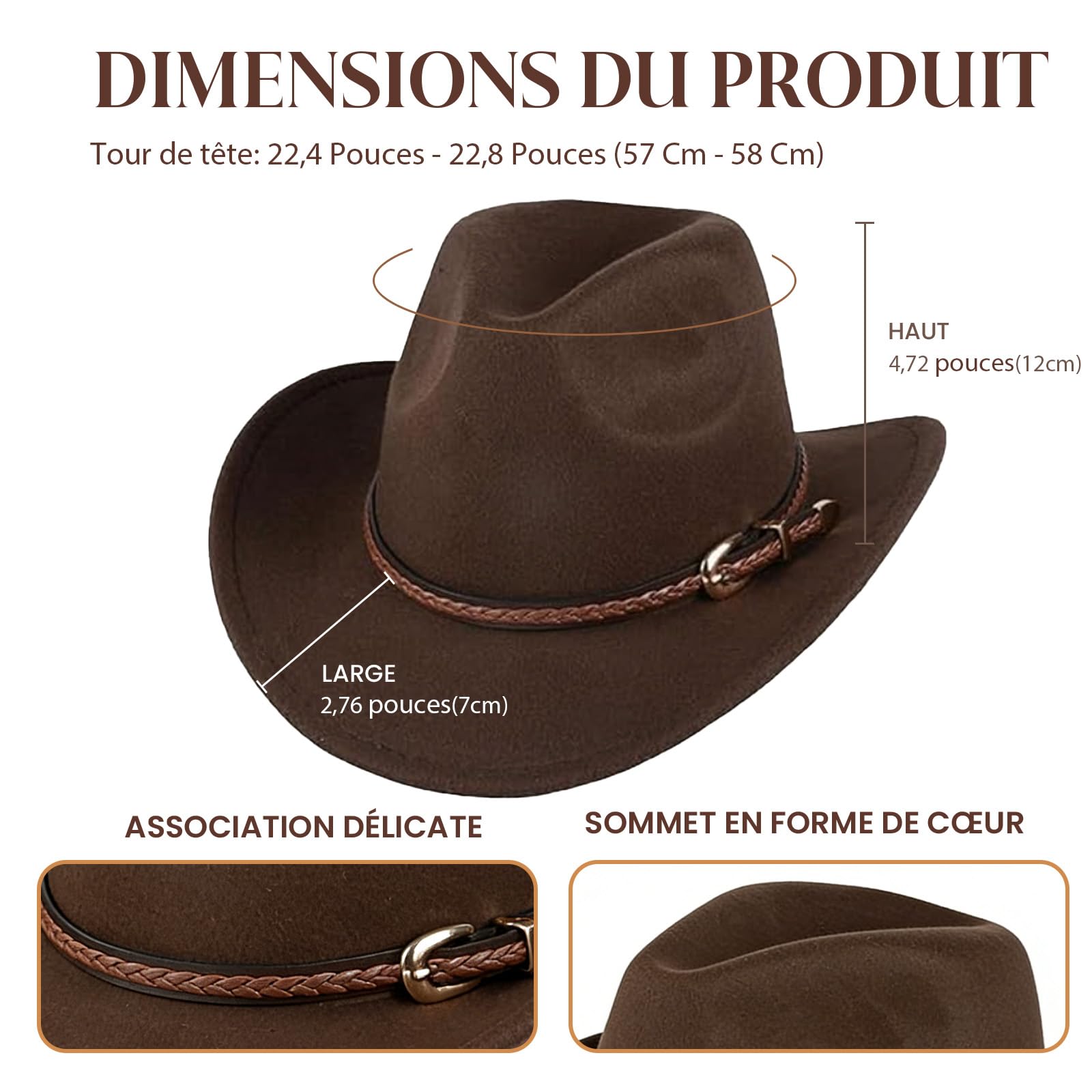 Chapeau western vintage à large bord en feutre avec une élégante lanière en cuir, adapté aussi bien aux hommes qu'aux femmes. Idéal pour les activités de plein air et les soirées à thème western.