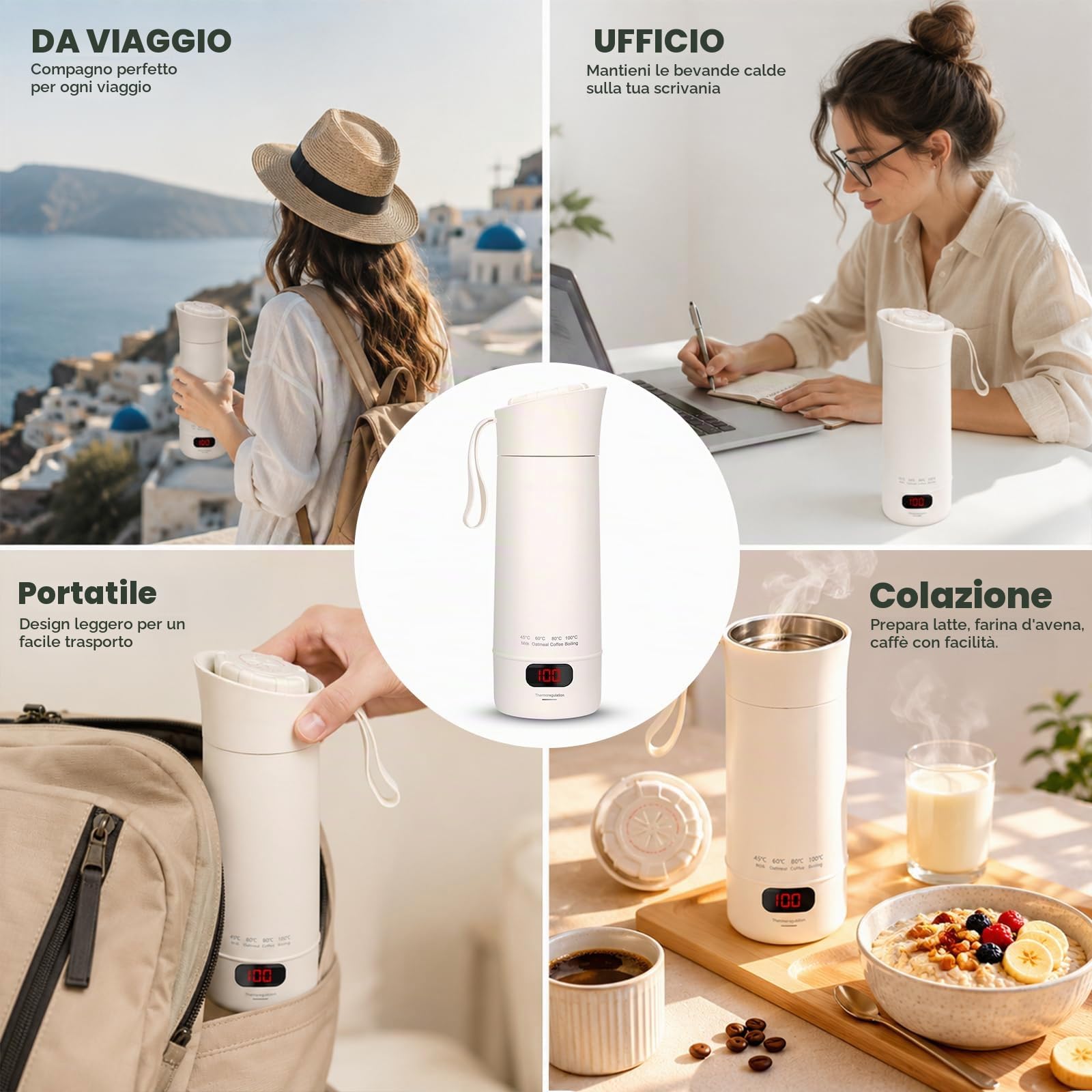 Bollitore da Viaggio, 400ml 300W Bollitore Elettrico Piccolo, Bollitore Portatile con Impostazione Temperatura, Bollitore per Auto, Tazza d'Acqua Elettrica Portatile Mini da Campeggio e Borsa