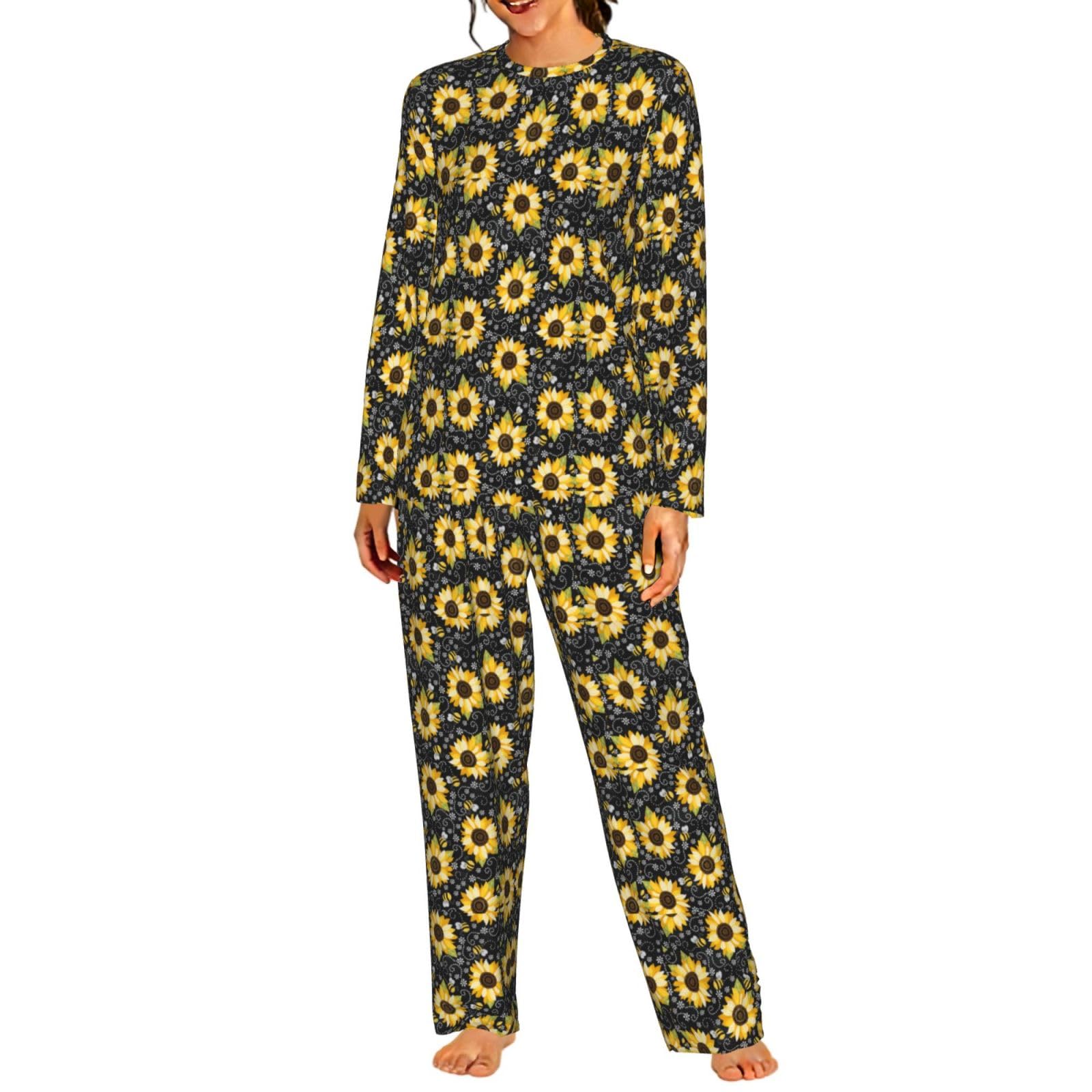Girasole Api Stampa Delle Donne Manica Lunga Pigiama Corrispondente Morbido Elastico Coulisse Casual Daywear